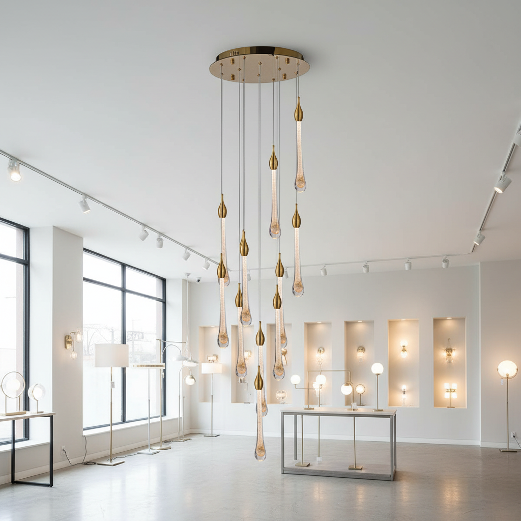 12 Raindrop Cascading Gold Pendant Chandelier-WH 2024-0212-11-TC