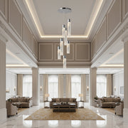 Glass cylinder 7-lamp pendant chandelier with chrome frame, tri-color accents, model WH 2024-0507-13-TC