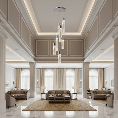 Glass cylinder 7-lamp pendant chandelier with chrome frame, tri-color accents, model WH 2024-0507-13-TC