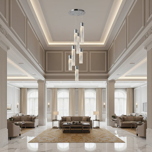 Glass cylinder 7-lamp pendant chandelier with chrome frame, tri-color accents, model WH 2024-0507-13-TC