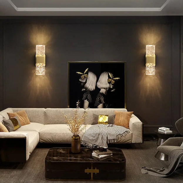 Textured glass wall sconce with gold finish and modern design for living rooms, bedrooms, hallways, hotels, and decorative interior lighting WH 2024-07-22-TC - Gemelli Collection