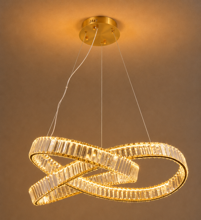 Gold infinity crystal pendant light with intertwined ring design, tri-colour 100W LED lighting, and clear crystal accents for living rooms, dining rooms, hotels, reception areas, and luxury interior lighting WH 2601-GO-TC - Gemelli Collection