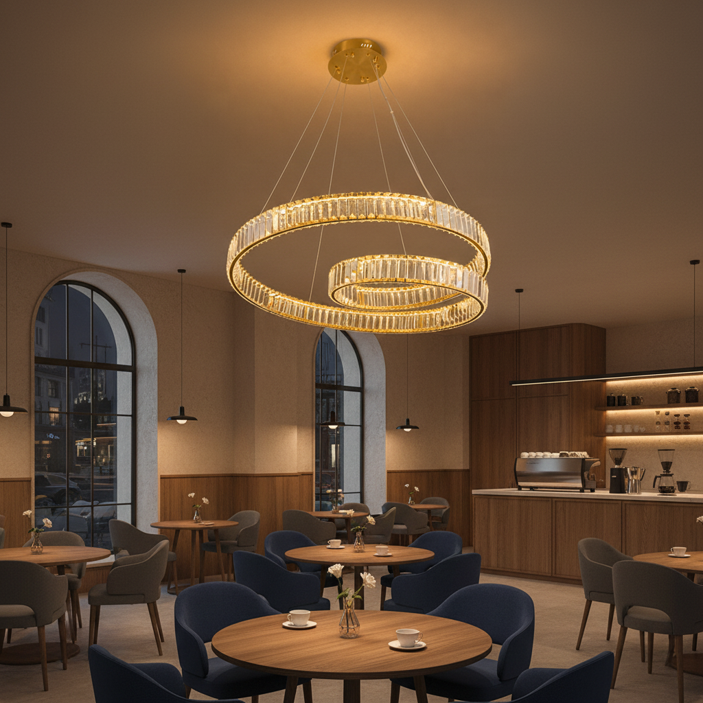 Double Ring Crystal Pendant Light Gold LED Chandelier 100W Tri-Colour WH 2602-GO-TC