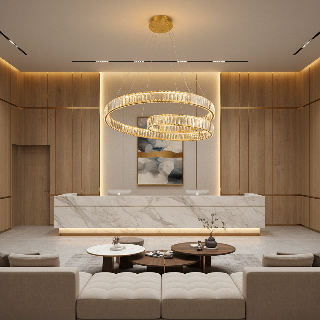 Double Ring Crystal Pendant Light Gold LED Chandelier 100W Tri-Colour WH 2602-GO-TC