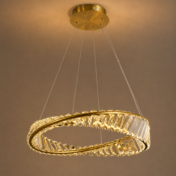 Gold crystal ring pendant light with tri-colour 40W LED lighting, clear crystal accents, and modern chandelier design for living rooms, dining rooms, hotels, reception areas, and contemporary interiors WH 2604-01-GO-TC - Gemelli Collection