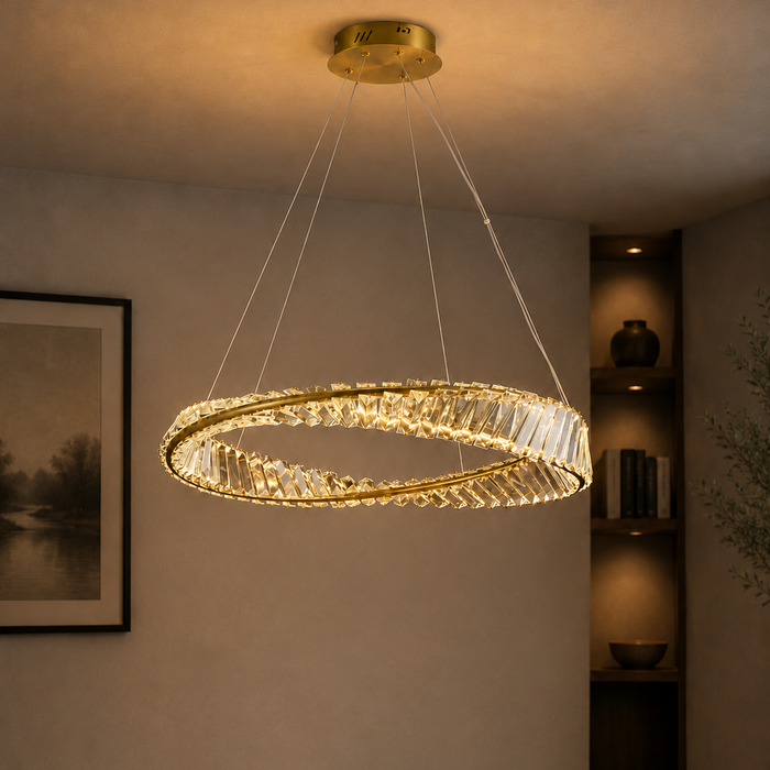 Gold crystal ring pendant light with tri-colour 56W LED lighting, circular chandelier design, and clear crystal accents for living rooms, dining rooms, hotels, reception areas, and modern interiors WH 2604-02-GO-TC - Gemelli Collection