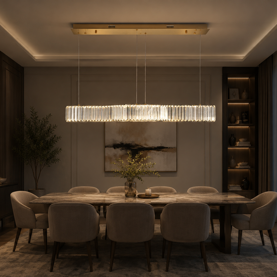 Gold linear crystal LED pendant light with tri-colour 18W lighting, rectangular design, and clear crystal accents for dining tables, kitchen islands, offices, reception areas, and modern interiors WH 2607-GO-TC - Gemelli Collection