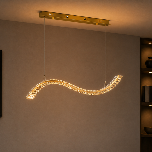 Gold wave crystal LED pendant light with tri-colour 18W lighting, curved chandelier design, and clear crystal accents for dining rooms, living rooms, hotels, reception areas, and modern interiors WH 2608-GO-TC - Gemelli Collection