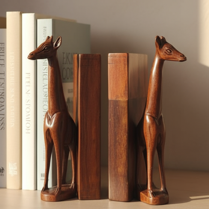 Decorative giraffe-shaped bookend holding books on a shelf.