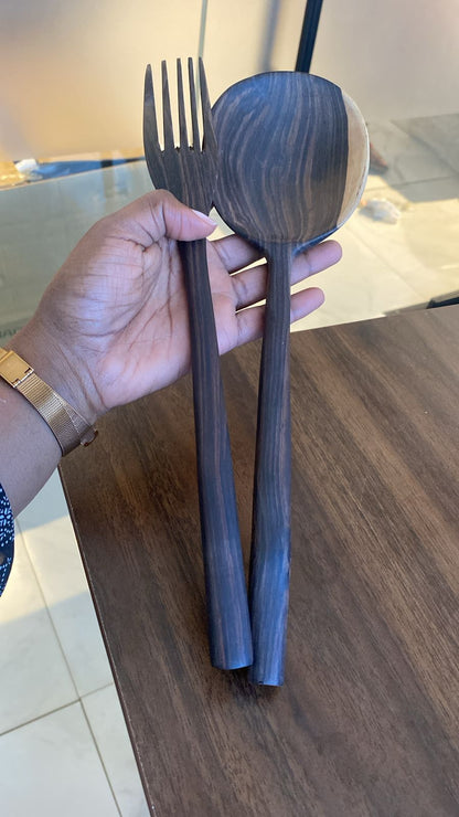 32cm Handcrafted Ebony Wood Spoon & Fork Set