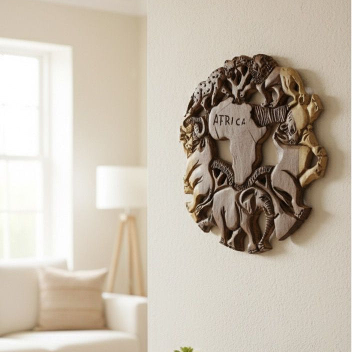 Hand-Carved Wooden African Wall Art Piece – 34cm Diameter