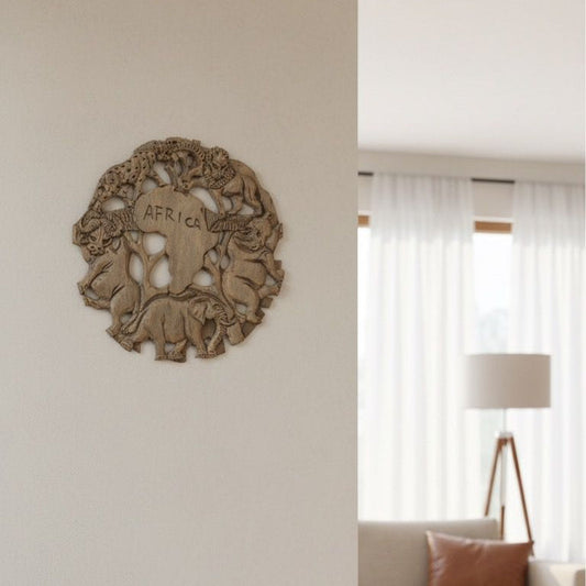 34cm hand-carved wooden African wall art with detailed traditional patterns.