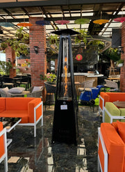 Stainless steel outdoor patio heater with quartz glass flame tube and 9500W heat output.