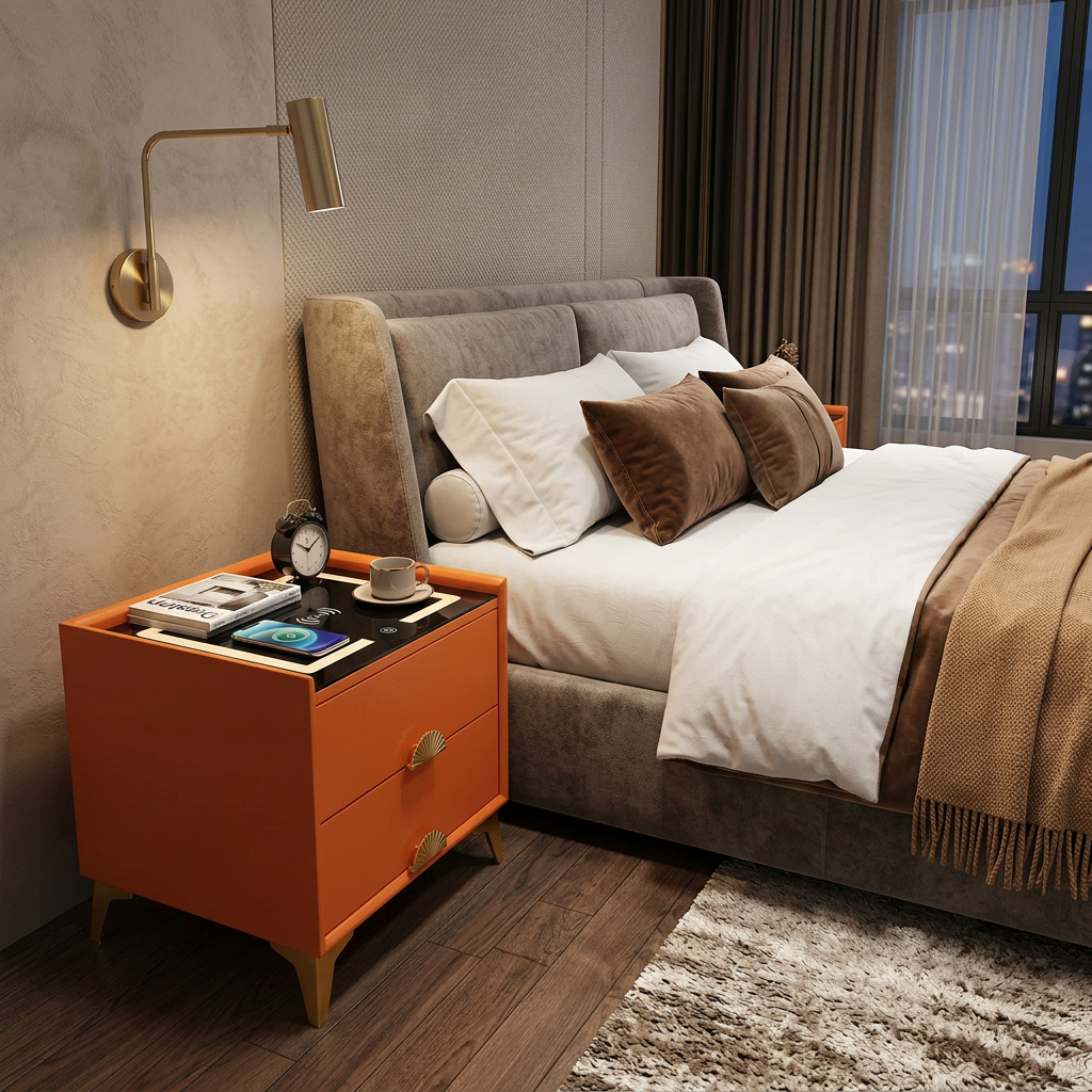 Bedside Table with 2 Drawers and Wireless Charging Glass Top