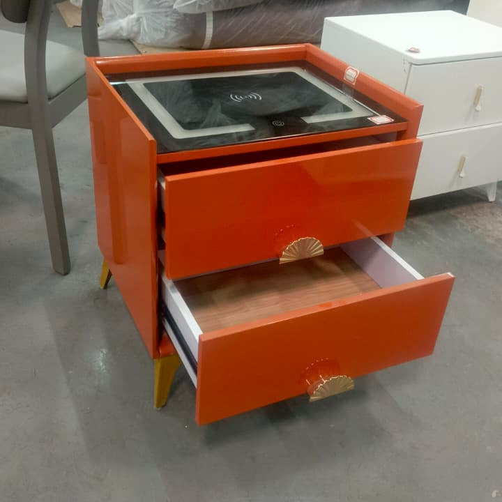 Bedside Table with 2 Drawers and Wireless Charging Glass Top