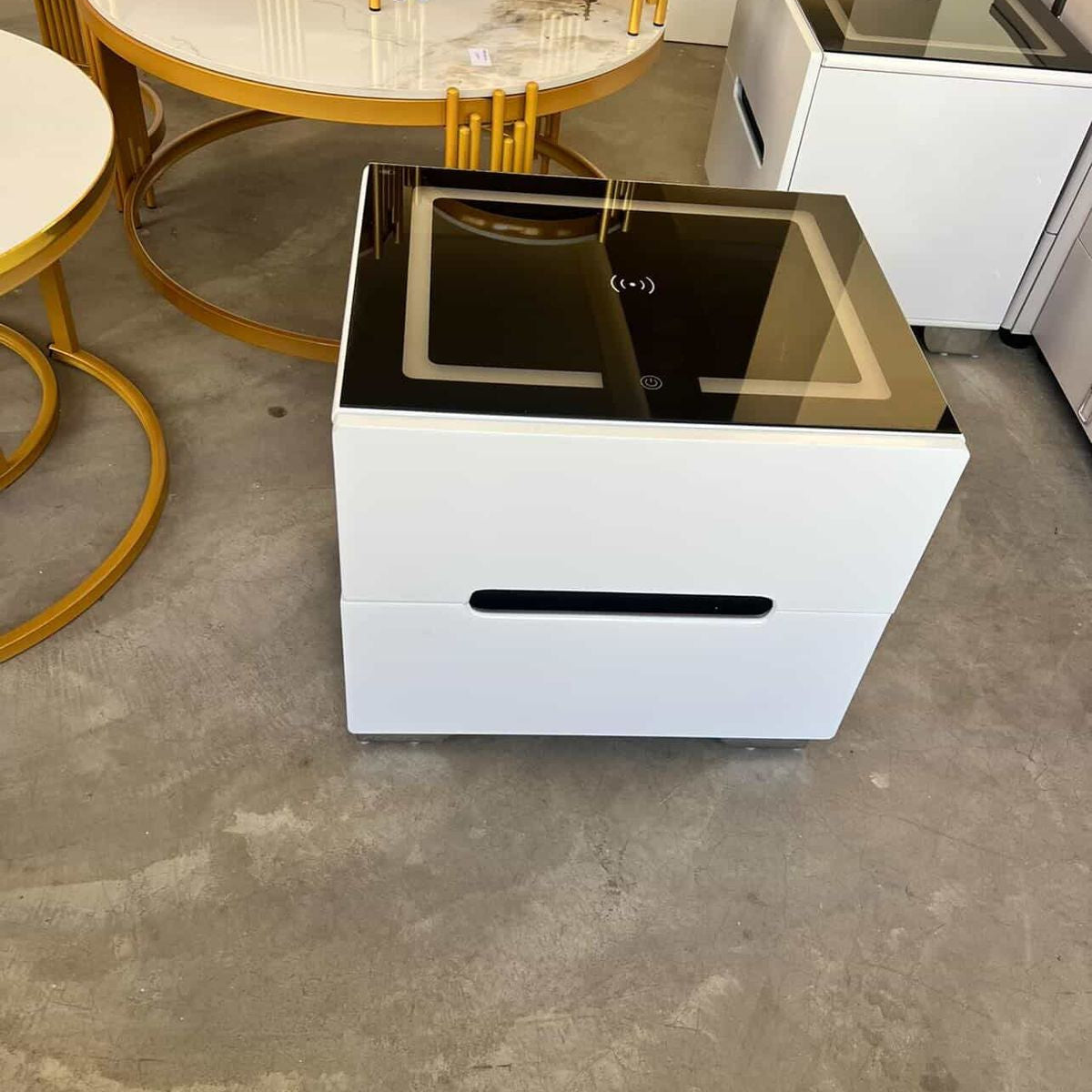 White Gloss Bedside Table with LED Glass Top and Wireless Charging