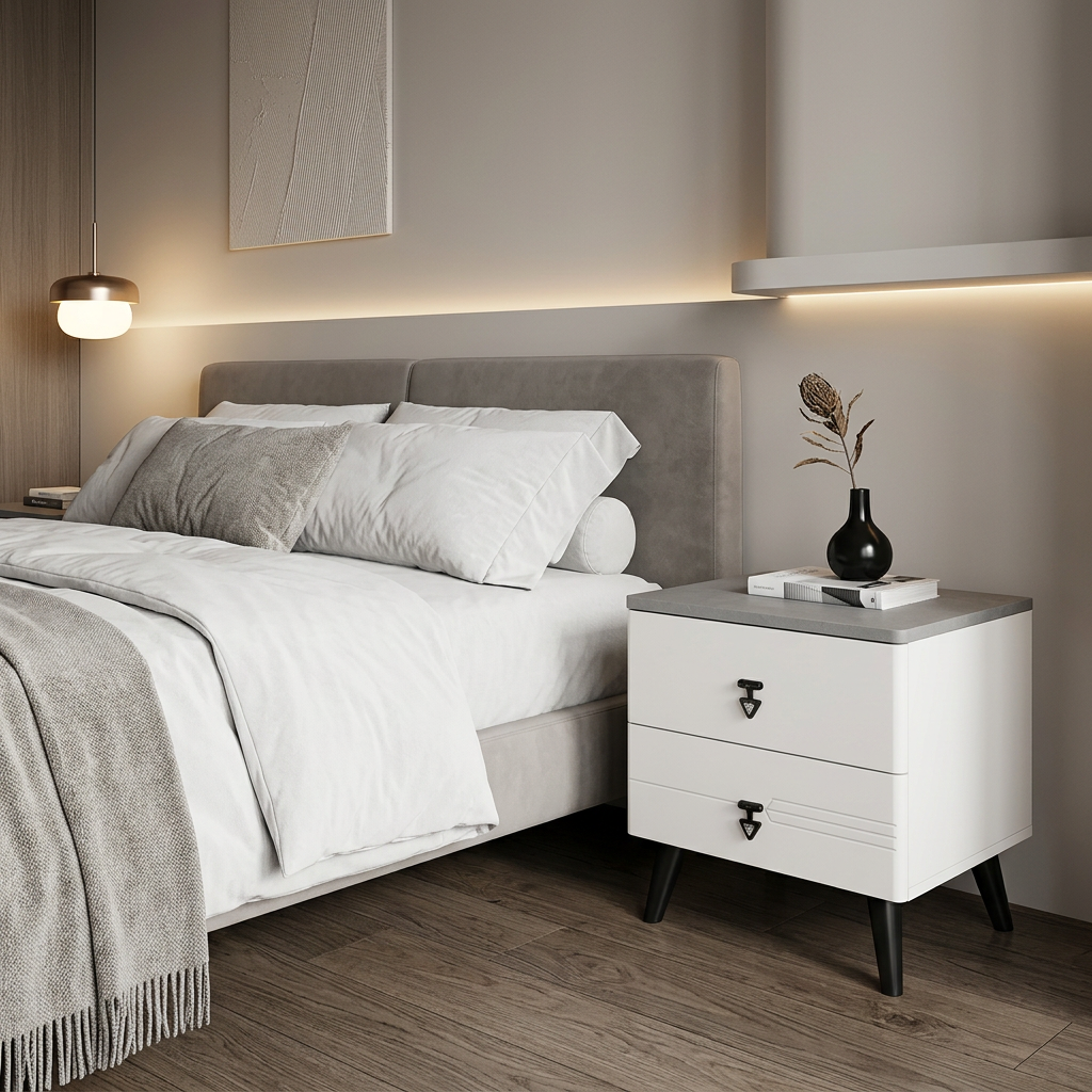 White Bedside Table with 2 Drawers and Grey Top 40x50cm