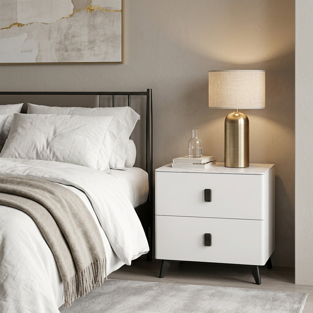 Cream Bedside Table with Two Drawers and Marble Effect Stone Top 48x40x50cm