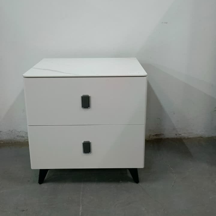 Cream Bedside Table with Two Drawers and Marble Effect Stone Top 48x40x50cm
