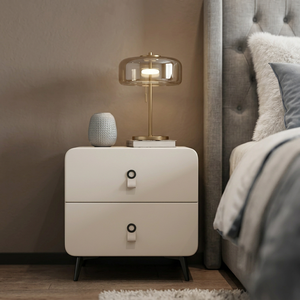 Cream Bedside Table with Two Drawers and Tab Pull Handles 48x40x50cm