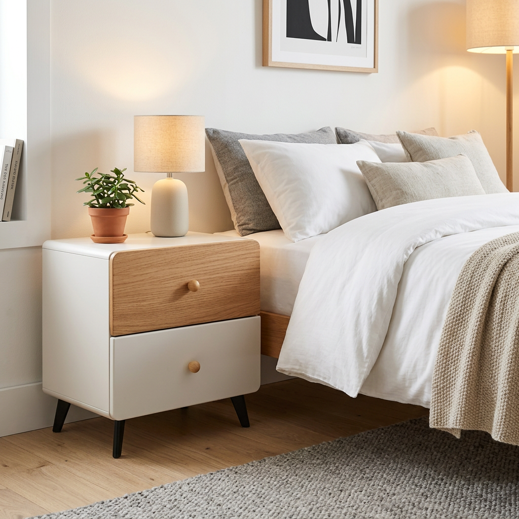Two Tone Walnut and White Bedside Table with Two Drawers 48x40x50cm