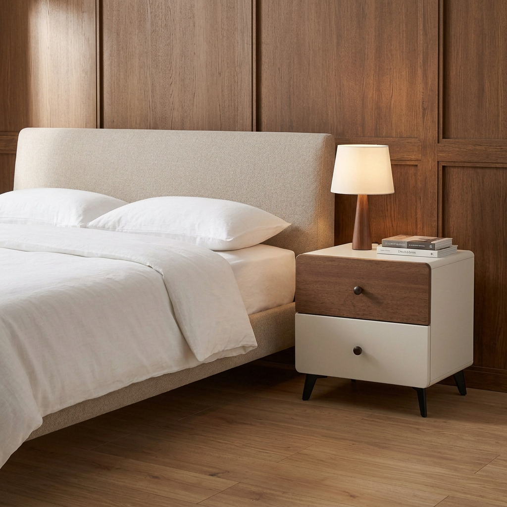 Two Tone Walnut and White Bedside Table with Two Drawers 48x40x50cm