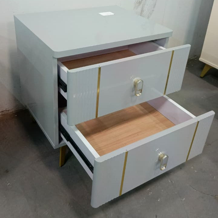 Bedside Table with Two Drawers and Gold Metal Inlay Stripes