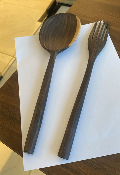 32cm Handcrafted Ebony Wood Spoon & Fork Set