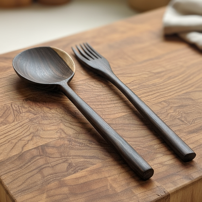 32cm Handcrafted Ebony Wood Spoon & Fork Set