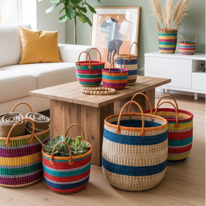 African Handwoven Basket with Handles