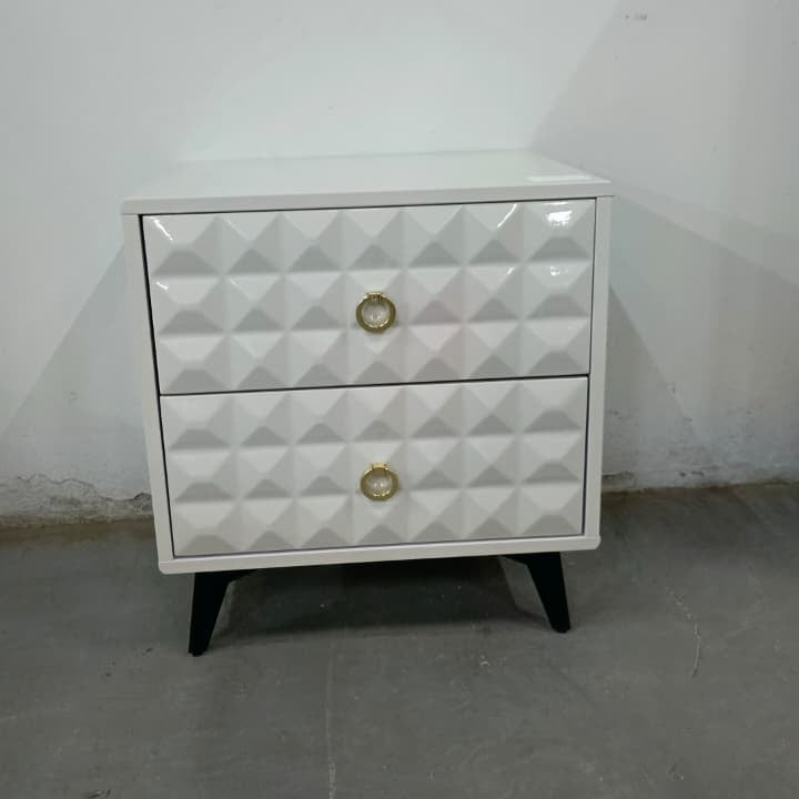 White Bedside Table with Two Drawers Geometric Front and Metal Legs