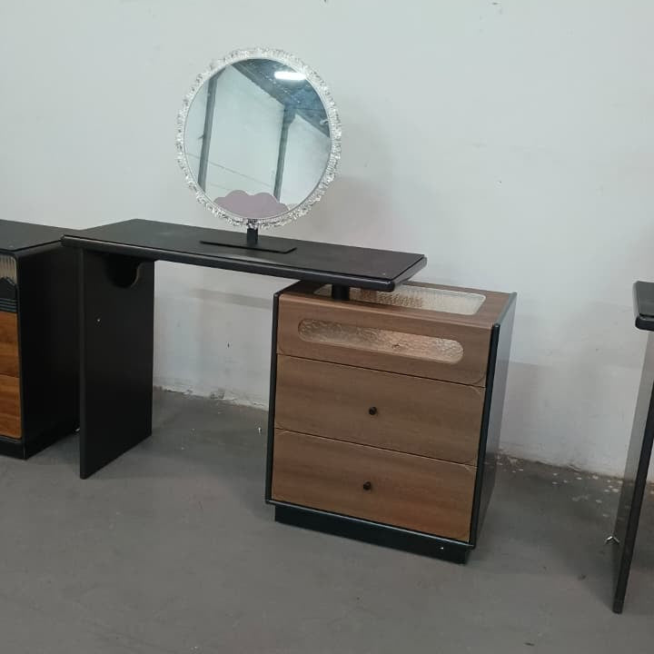 Walnut and Black Dressing Table with Round LED Mirror and Glass Inlay