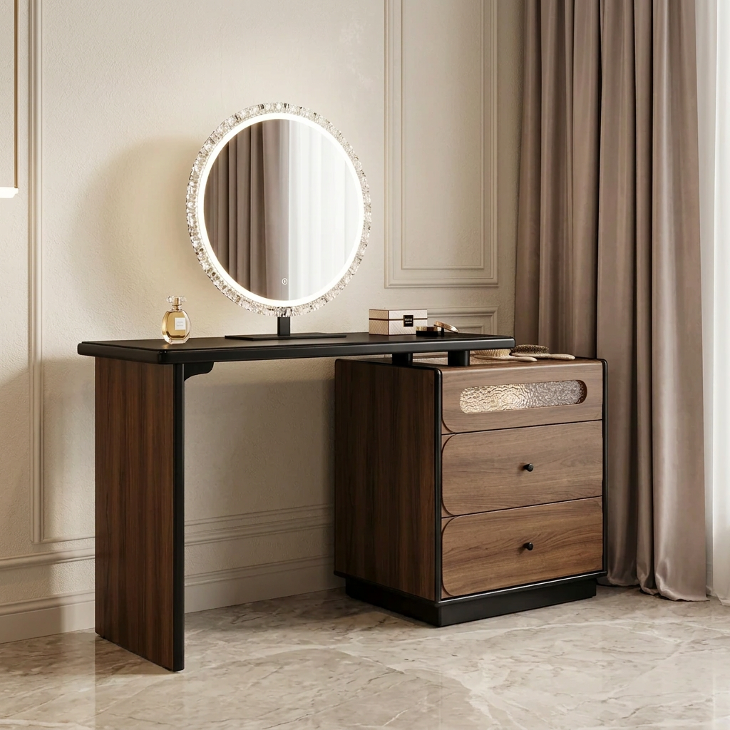 Walnut and Black Dressing Table with Round LED Mirror and Glass Inlay