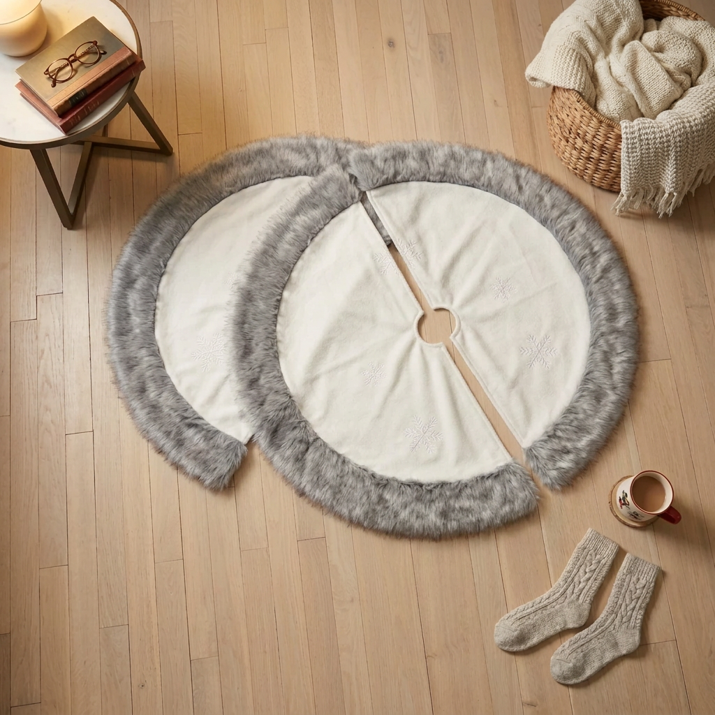 White: 100cm white Christmas tree skirt with grey faux fur edging and white snowflake details, available in Nairobi, Kenya.