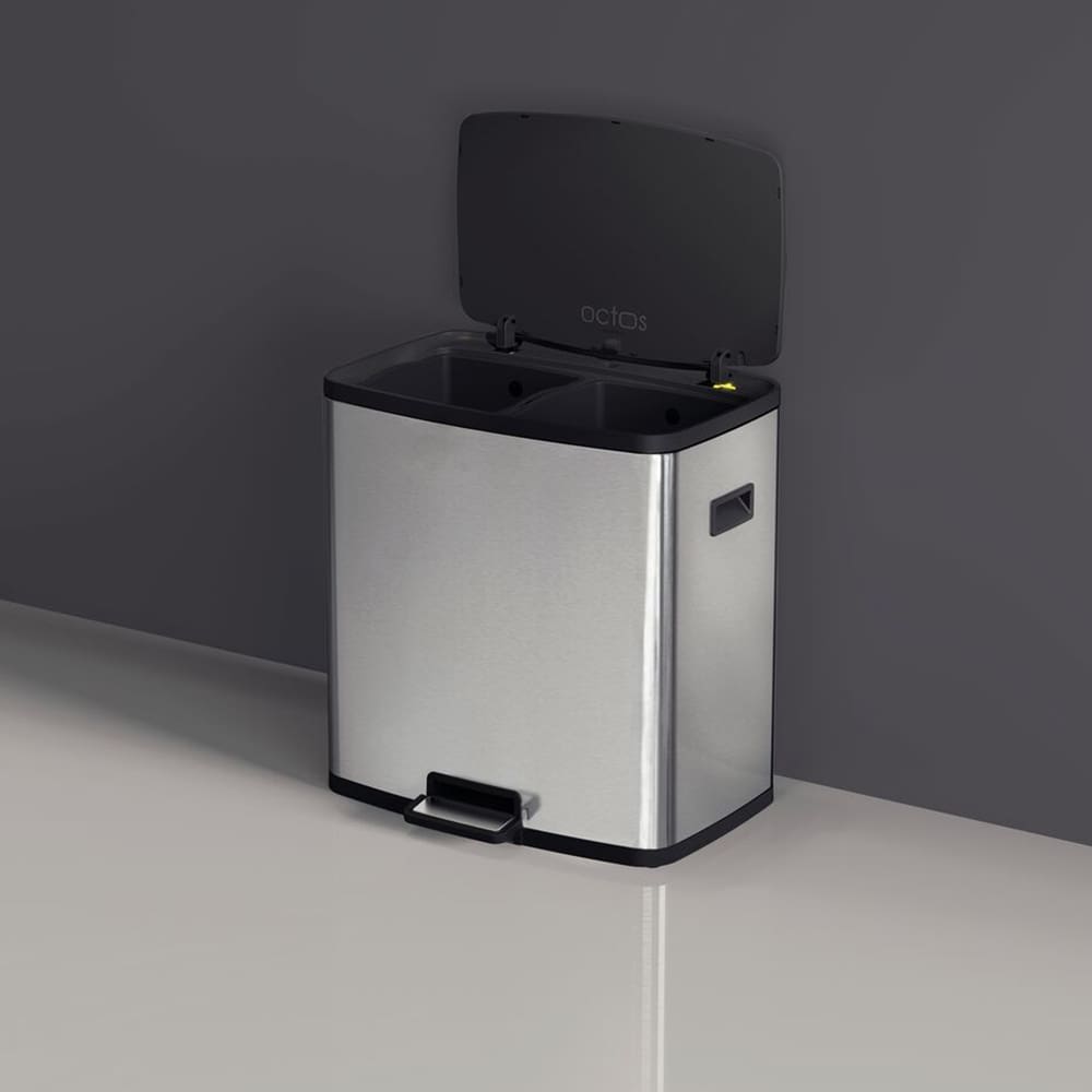 Tramontina Stainless Steel Octos Step Bin 15+15L with dual compartments, foot pedal operation, and Scotch Brite finish.