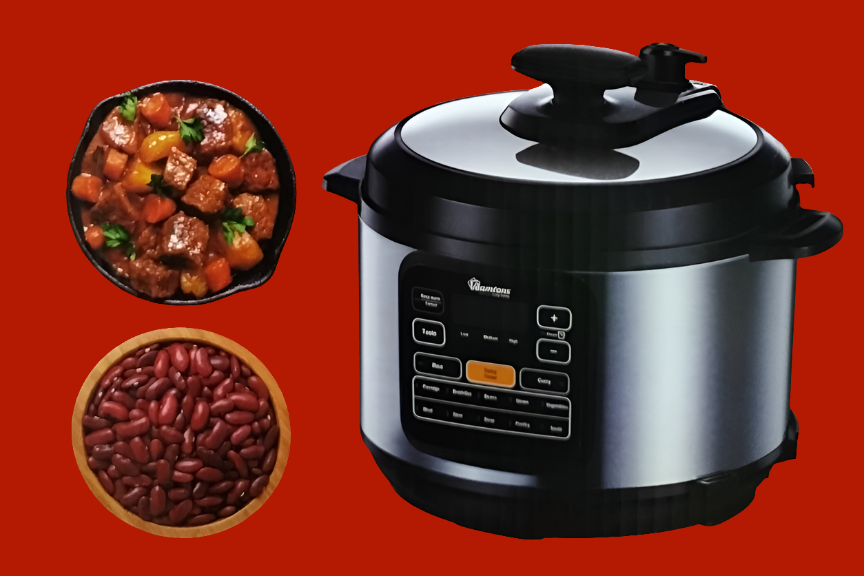 6-Litres RM/582 Electric Pressure Cooker with LED display, stainless steel body, and 12 preset cooking functions.