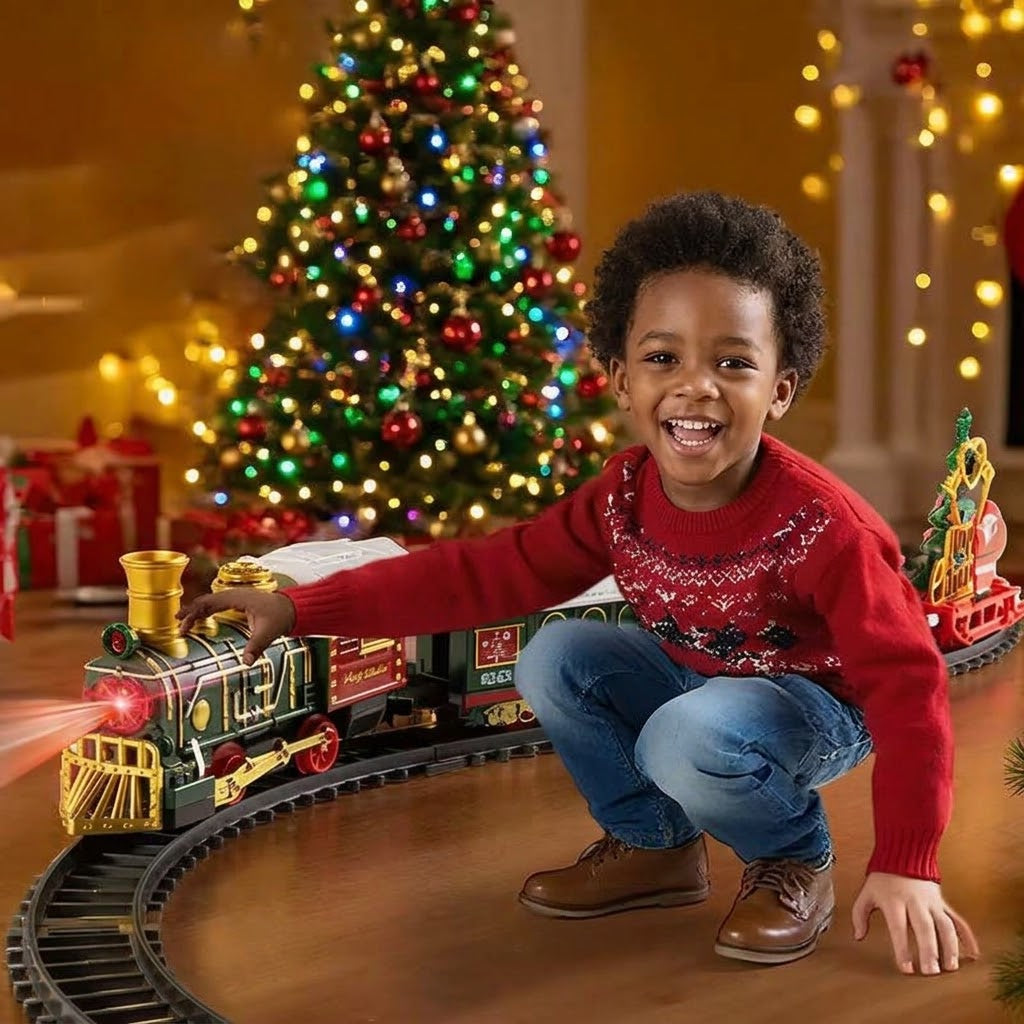 Battery powered Christmas train toy set with train engine, Santa Claus, snowman, music feature and railway track, available in Nairobi, Kenya