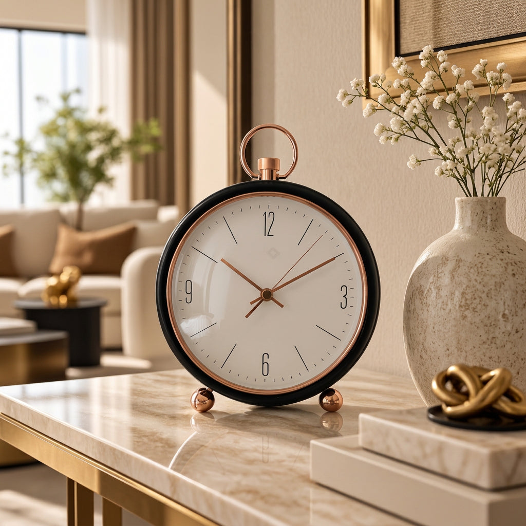 Black and rose-gold tabletop clock with a classic design for home and office décor, available in Nairobi, Kenya