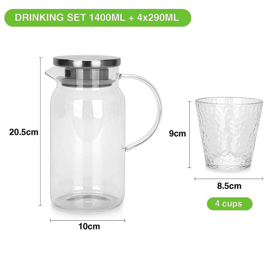 5-Piece 1.4L Infuser Jug Set – Borosilicate Glass with Stainless Steel Lid
