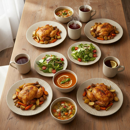 16-piece ceramic dinner set in soft beige with ribbed design, including dinner plates, side plates, bowls, and mugs