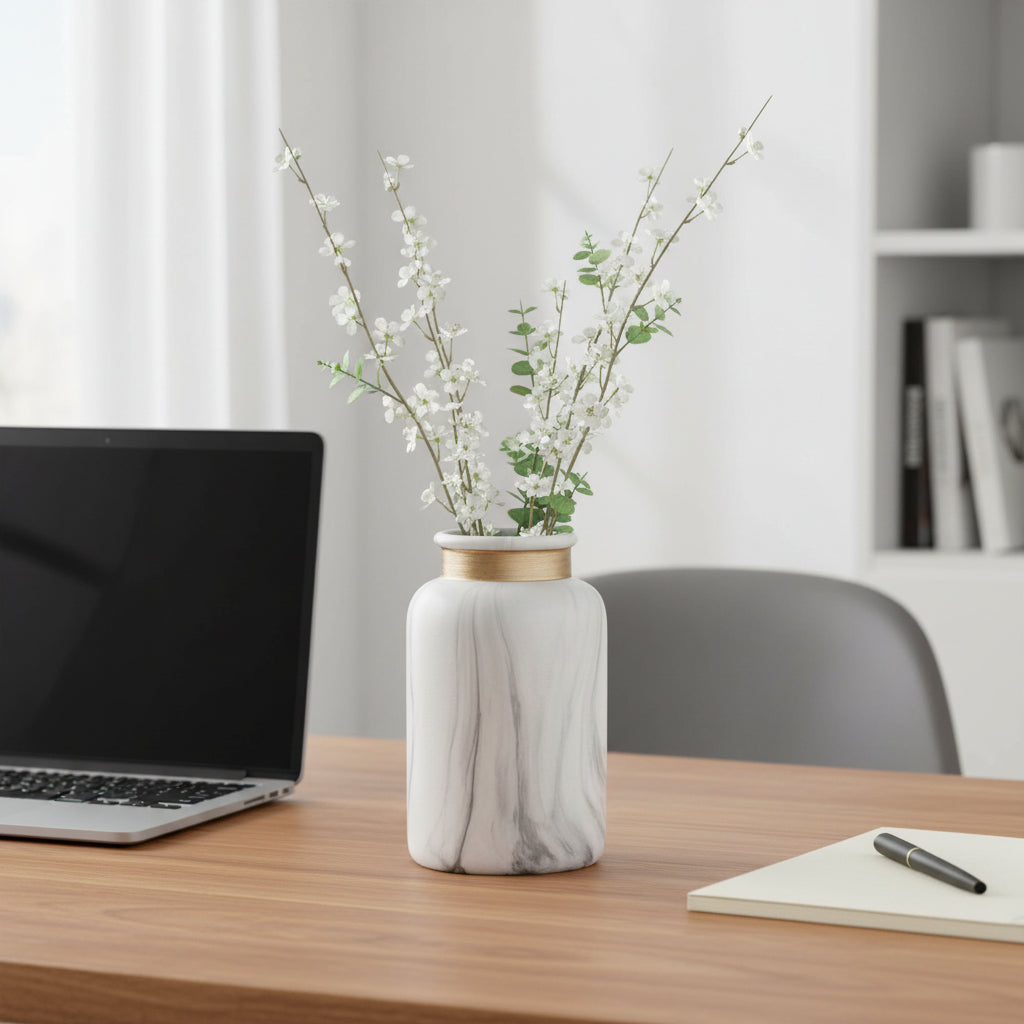Marble-Effect Ceramic Vase with Gold Rim