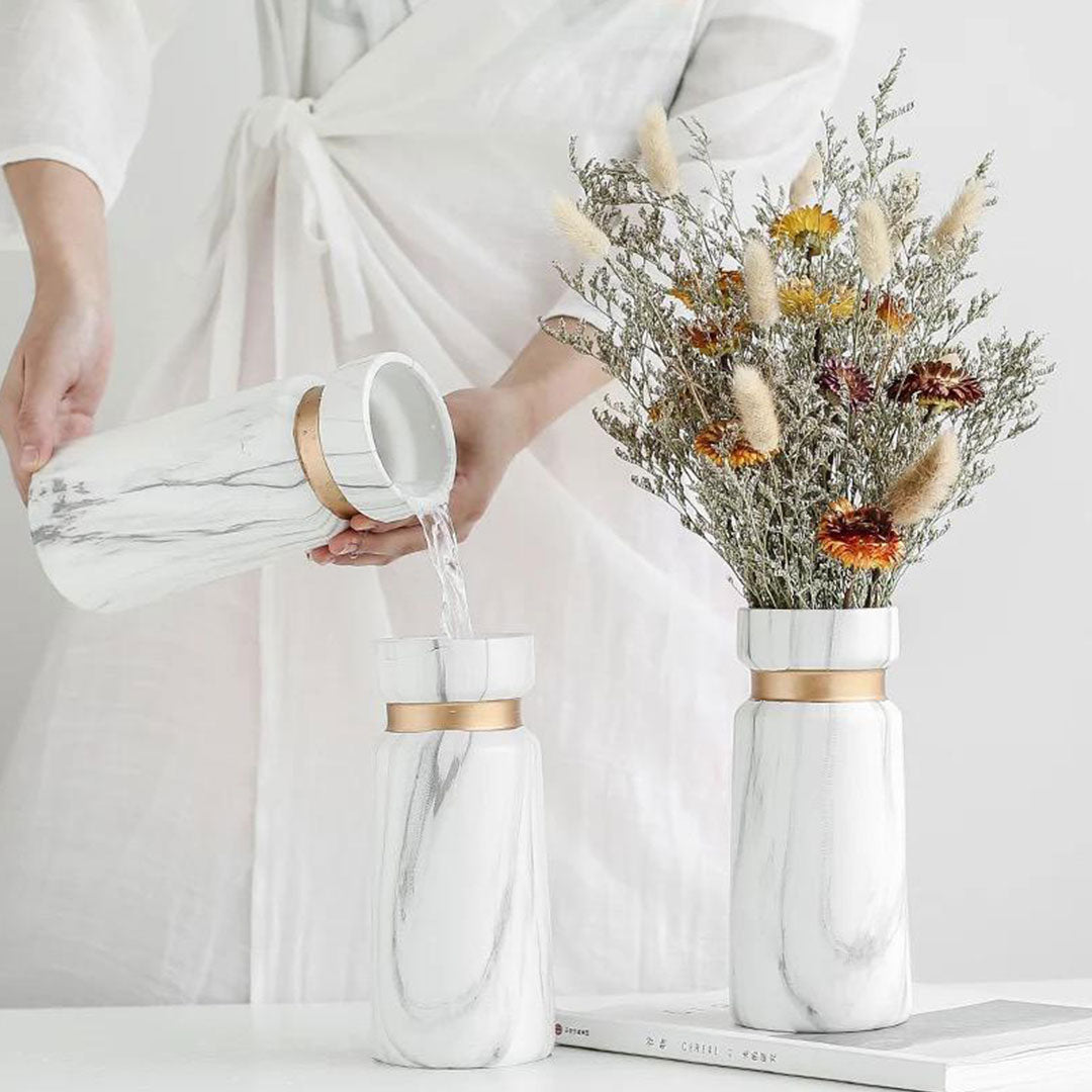 Marble-Effect Ceramic Vase with Gold Band