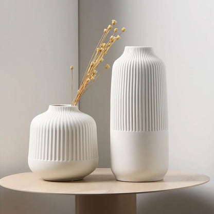 2pc  White Ceramic Vases with Ribbed Design