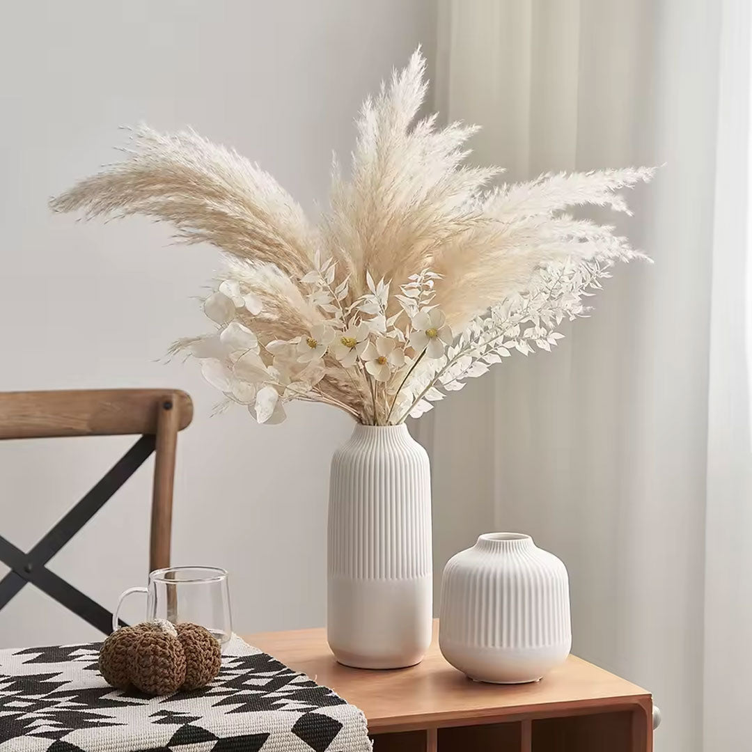 2pc  White Ceramic Vases with Ribbed Design