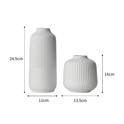 2pc  White Ceramic Vases with Ribbed Design