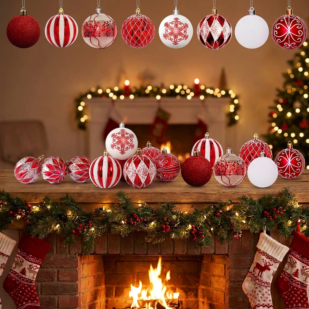 Christmas ball ornaments on a fireplace mantel without boxes or labels