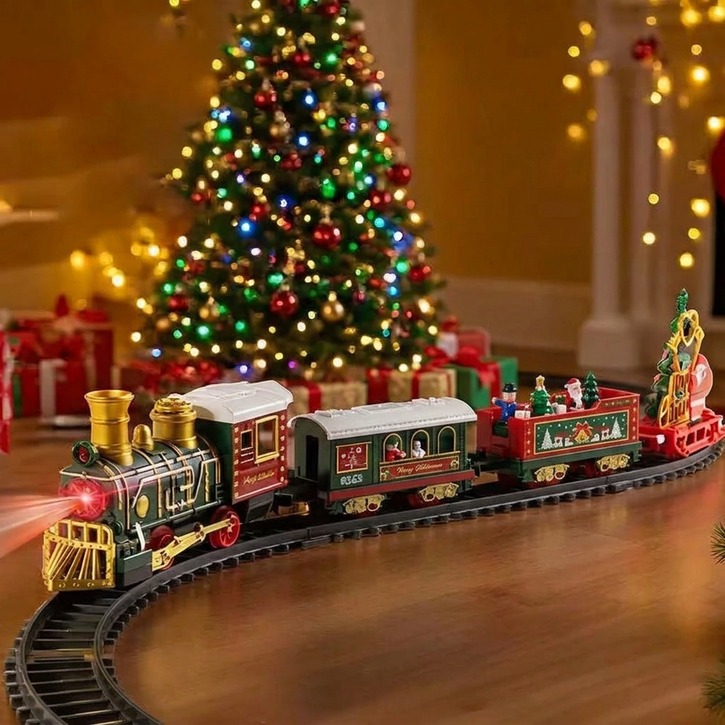 Christmas train under the decorated tree with the child removed