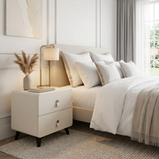 Cream Bedside Table with Two Drawers, Tab Pull Handles, Rounded Body and Black Legs, 48 × 40 × 50 cm, available in Nairobi, Kenya