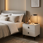Cream Bedside Table with Two Drawers, White Marble Effect Sintered Stone Top and Black Legs, 48 × 40 × 50 cm, available in Nairobi, Kenya