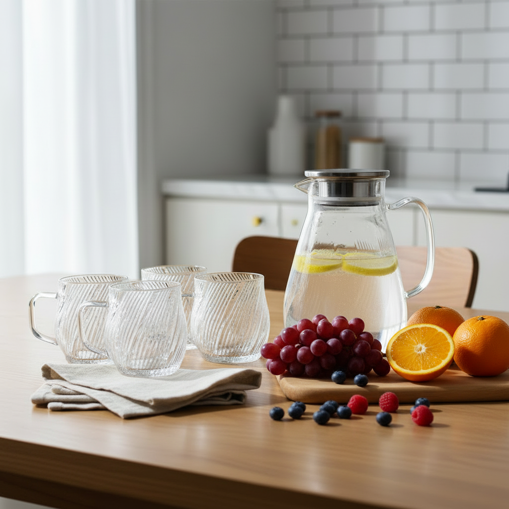 7-Piece 1650ml Swirly Jug Set – Borosilicate Glass